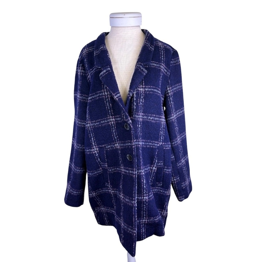 NWT Old Navy Women Navy Blue Plaid Wool Blend Coatigan L Car Coat Jacket Preppy